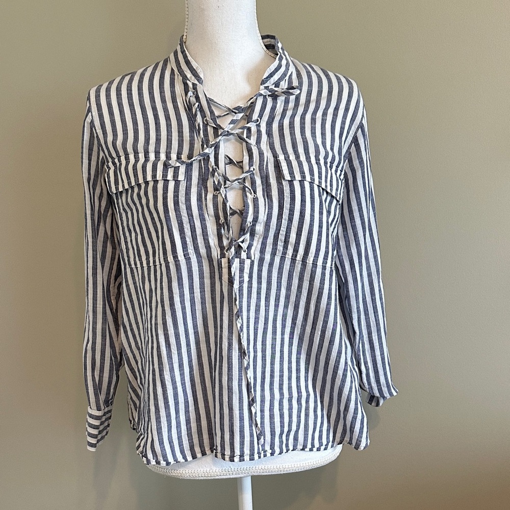 Madewell Navy and White Striped Lace-Up Button Down Shirt